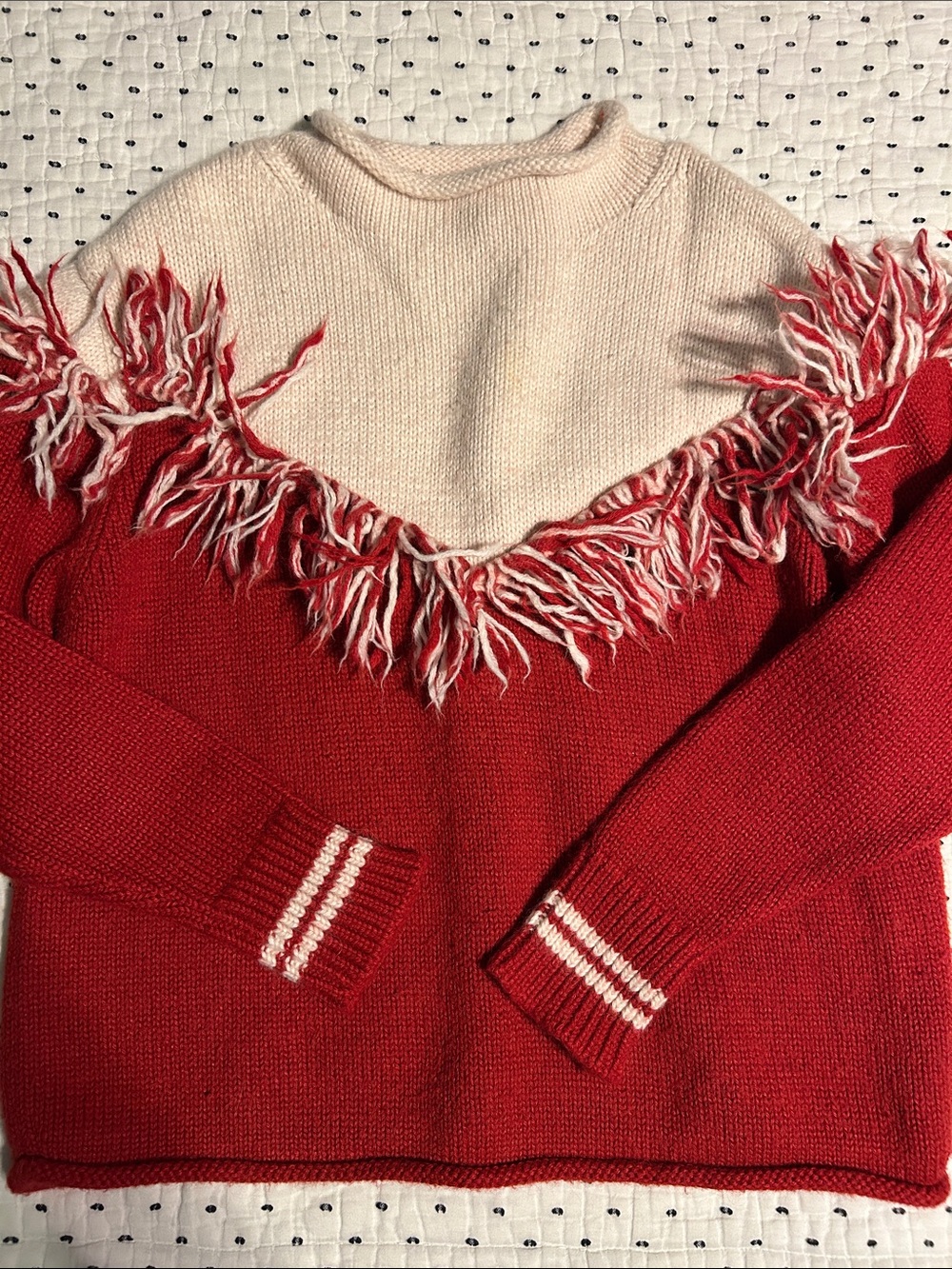 Women's Red and Cream Rollneck Fringe Yoke Sweater